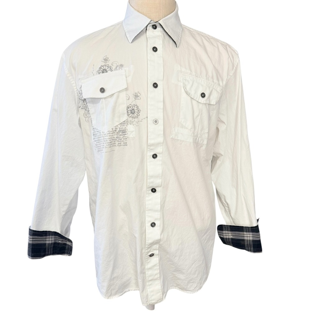 White Graphic Button Up Shirt XL Minimalist Streetwear Y2K Indie Grunge Layering